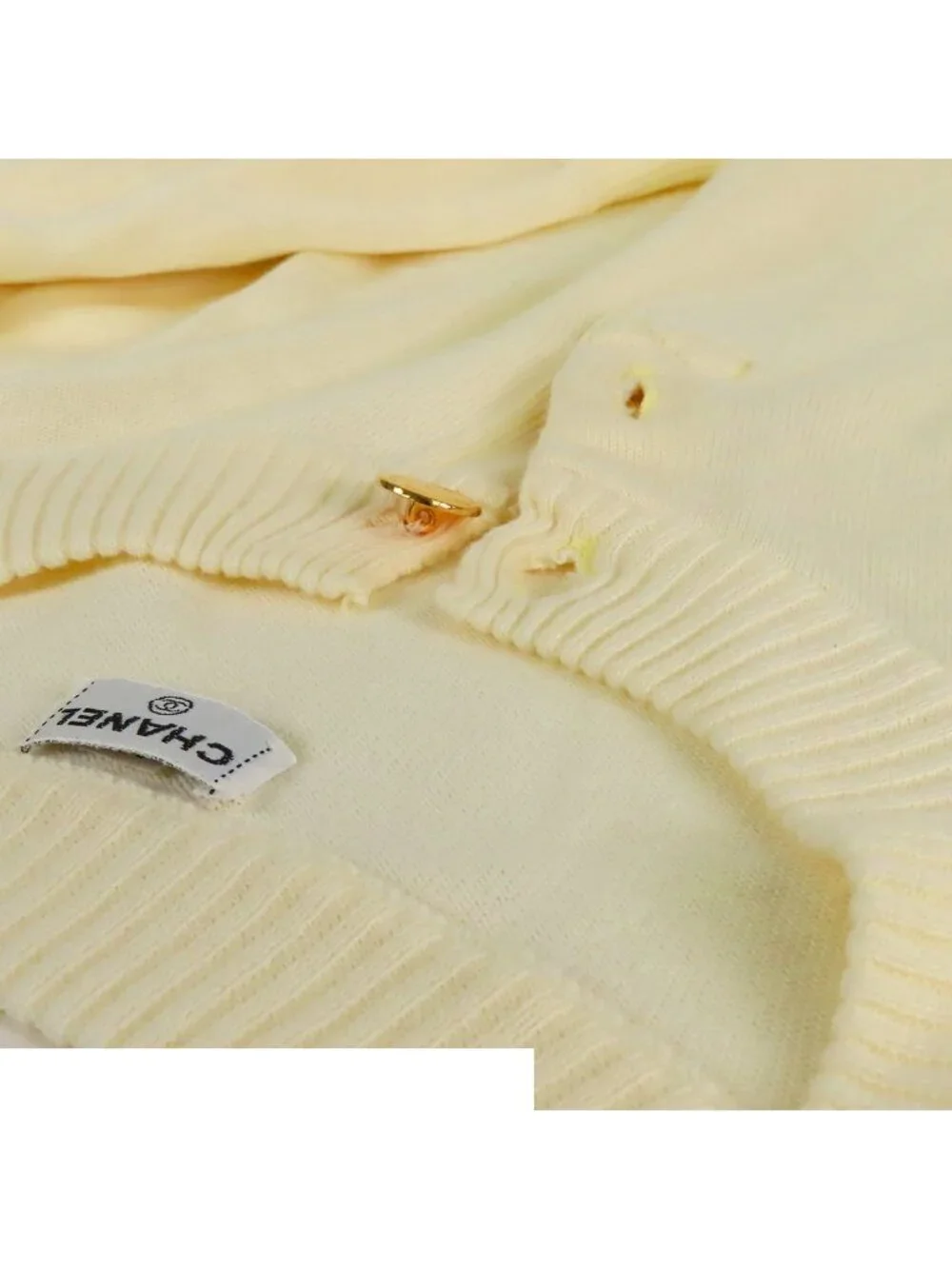 Chanel Henry Neck Knit Cream Cotton Sleeve Quilted Bag Button Top Vintage
